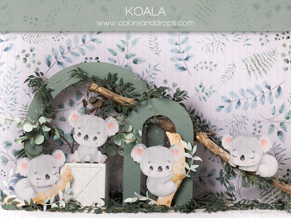 Fondo fotográfico de bebé y smash cake Koala – koalas de peluche con arcos verdes y eucalipto | Colors&Drops
