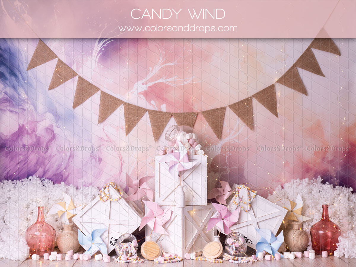 Fond photo bébé et smash cake Candy Wind – décor plage pastel avec fanions en jute et coquillages | Colors&Drops