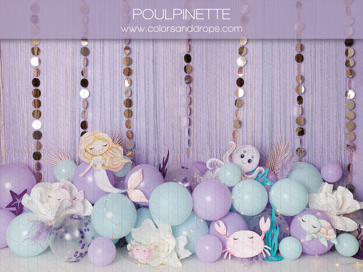 Fondo fotográfico de bebé y smash cake Poulpinette – decorado de sirena con globos pastel, conchas y pulpo | Colors&Drops