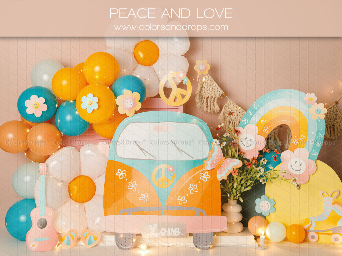 Fondo fotográfico de bebé y smash cake Peace and Love – decorado peace and love con furgoneta, globos y arcoíris | Colors&Drops