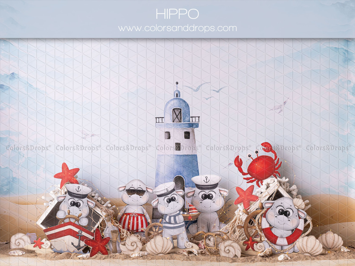 Fond photo bébé et smash cake Hippo – décor marin avec phare, crabes et peluches matelots | Colors&Drops