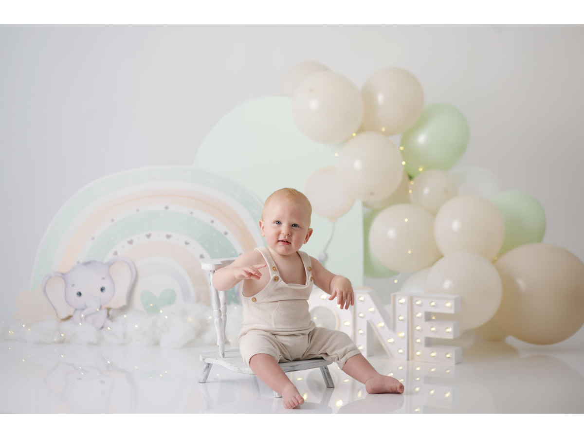 Baby & cake smash photo backdrop Elefanto – elephant set with pastel rainbow and balloons | Colors&Drops