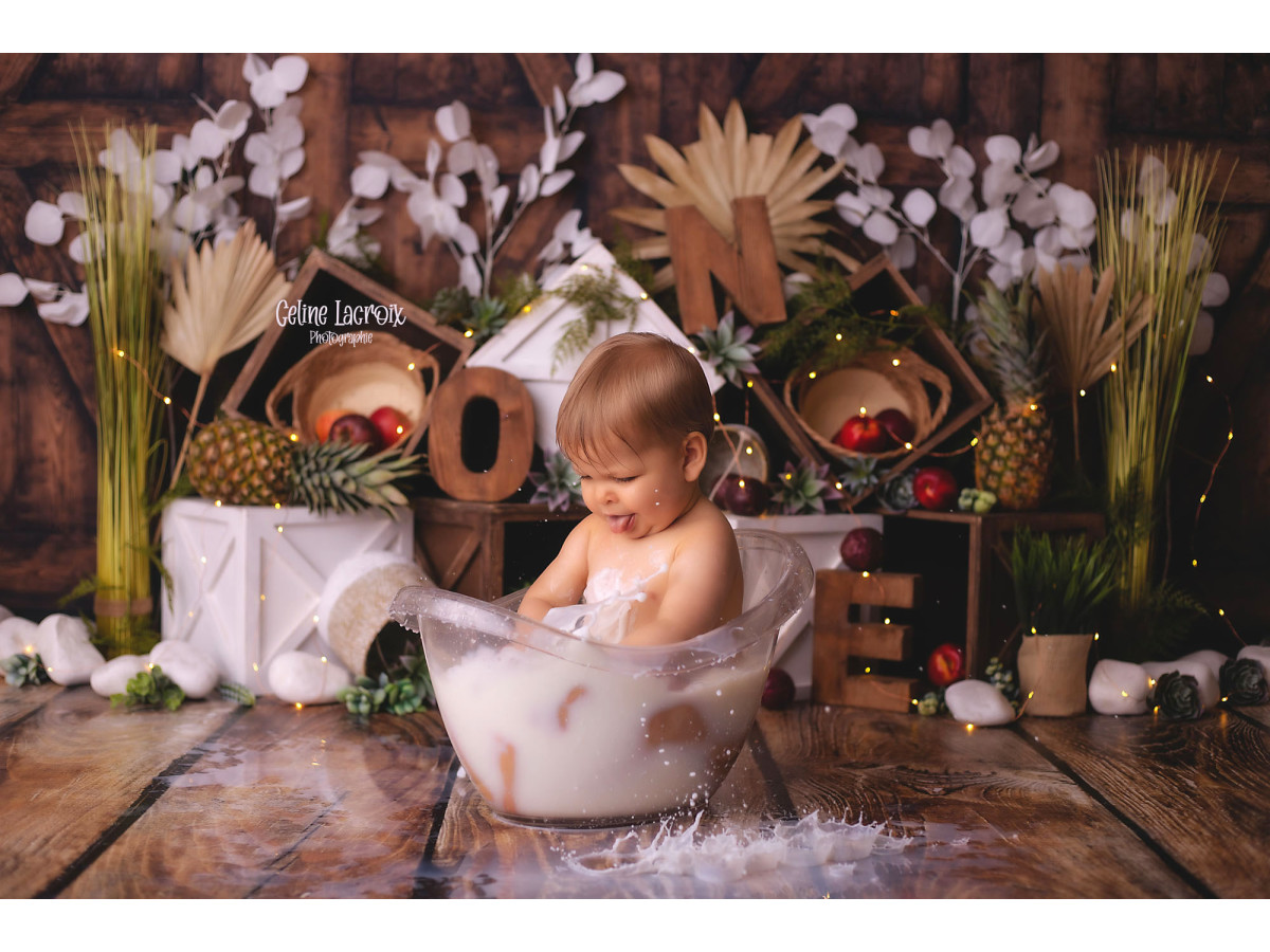 Fondo fotográfico de bebé y smash cake Ananas – decorado de piñas con granero de madera y hojas de palmera | Colors&Drops