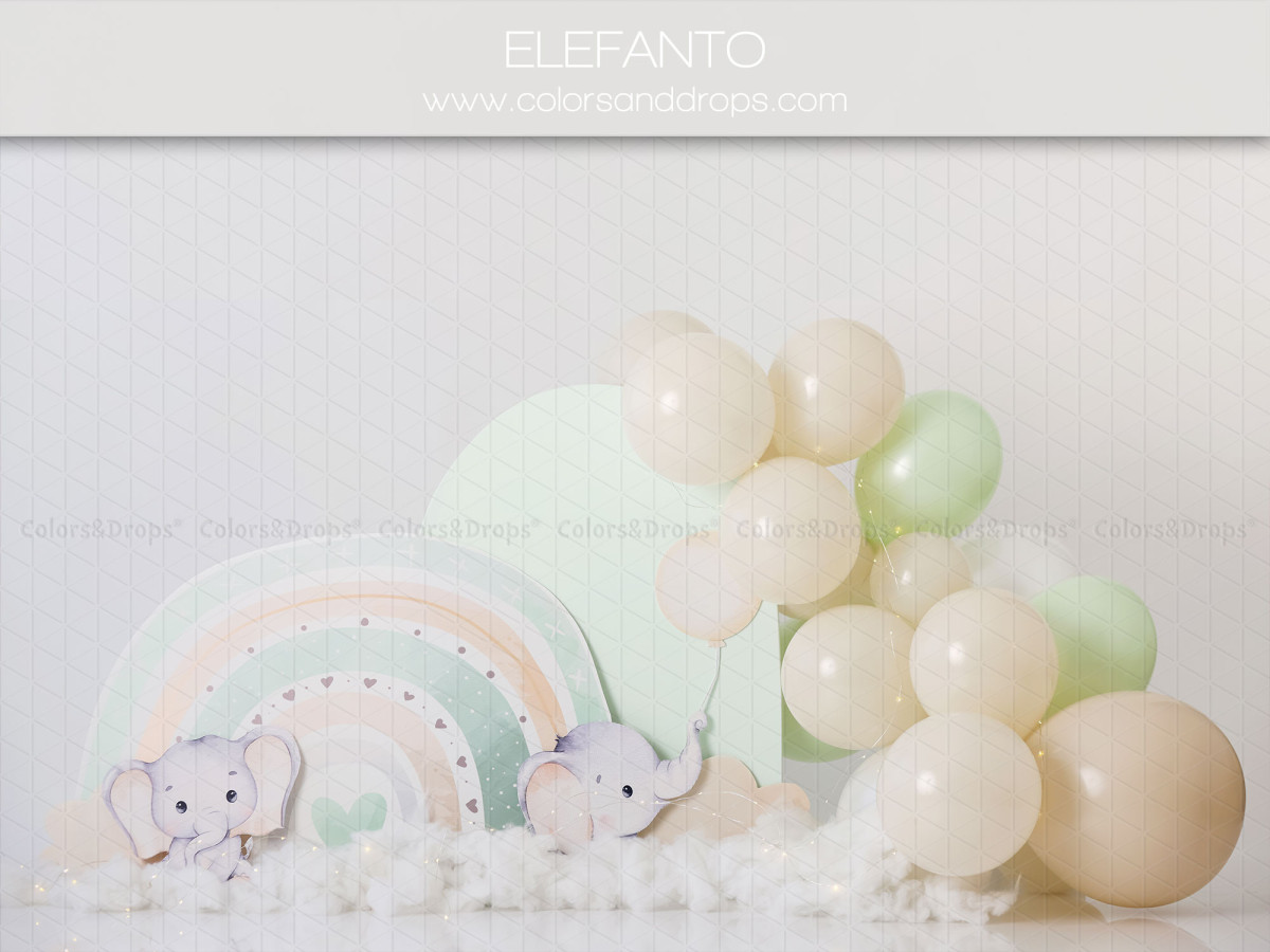 Fond photo bébé et smash cake Elefanto – décor éléphants avec arc-en-ciel pastel et ballons | Colors&Drops