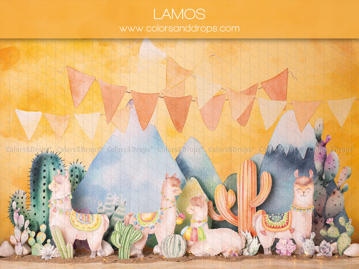 Fond photo bébé et smash cake Lamos – décor lamas et cactus avec montagnes et fanions | Colors&Drops