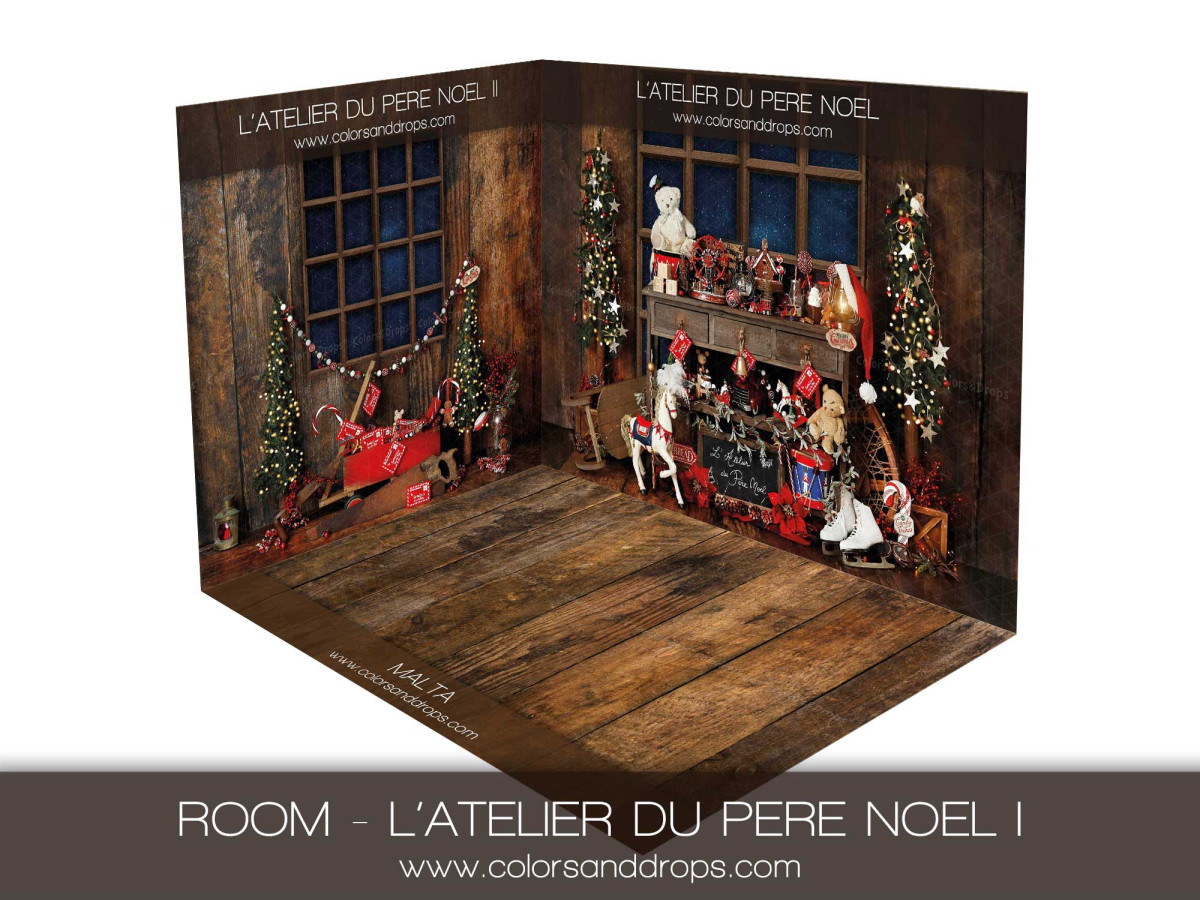 Fondo fotográfico de esquina L'Atelier du Pere Noel – decorado en esquina del taller de Papá Noel con ventana | Colors&Drops