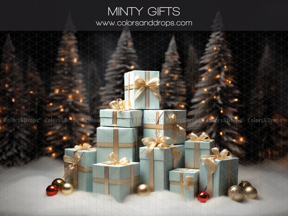 Fondo fotográfico de Navidad Minty Gifts – pila de regalos azul menta en un bosque nevado de abetos | Colors&Drops