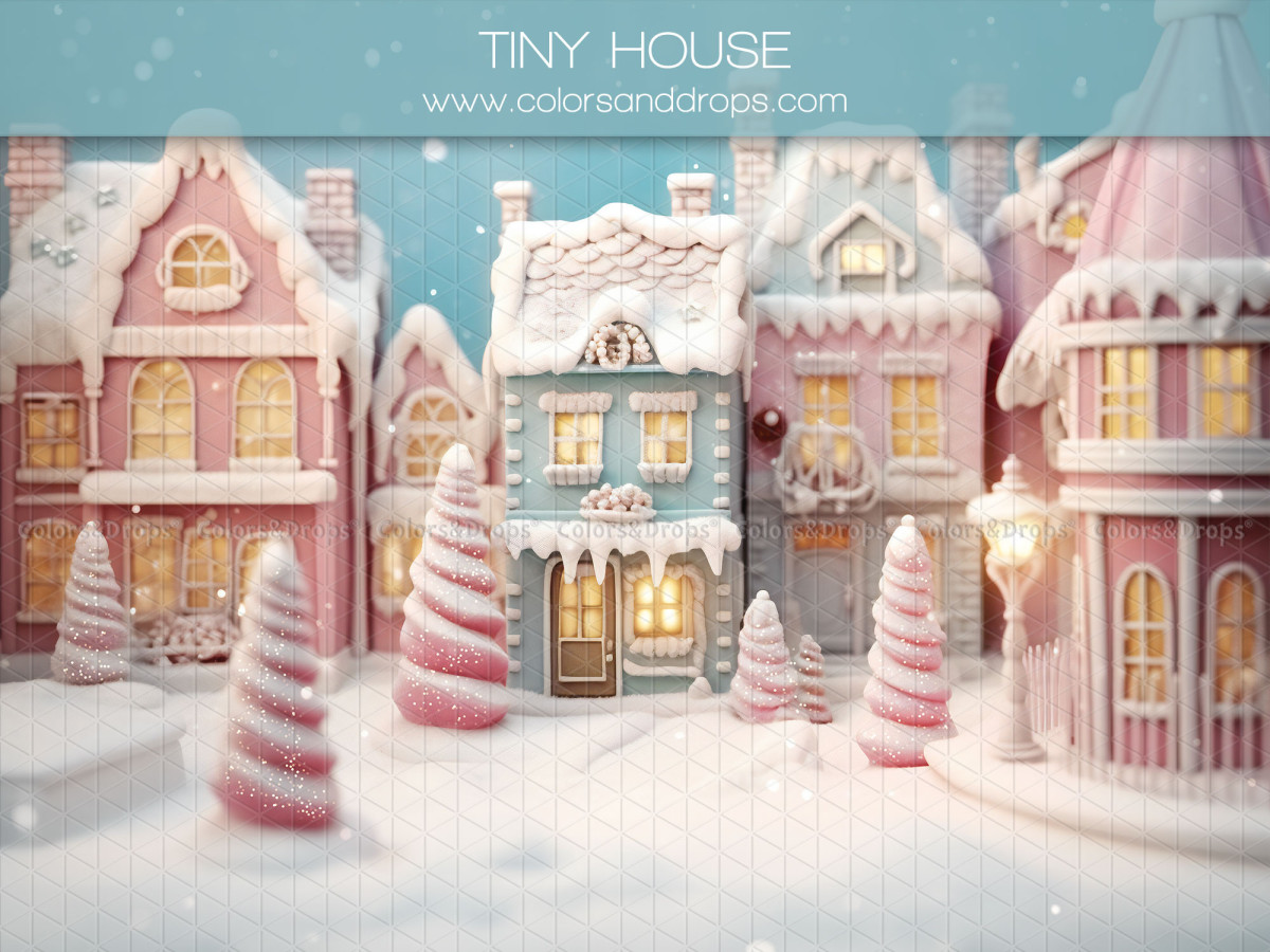 Fondo fotográfico de Navidad Tiny House – pueblo navideño pastel nevado con abetos rosas | Colors&Drops
