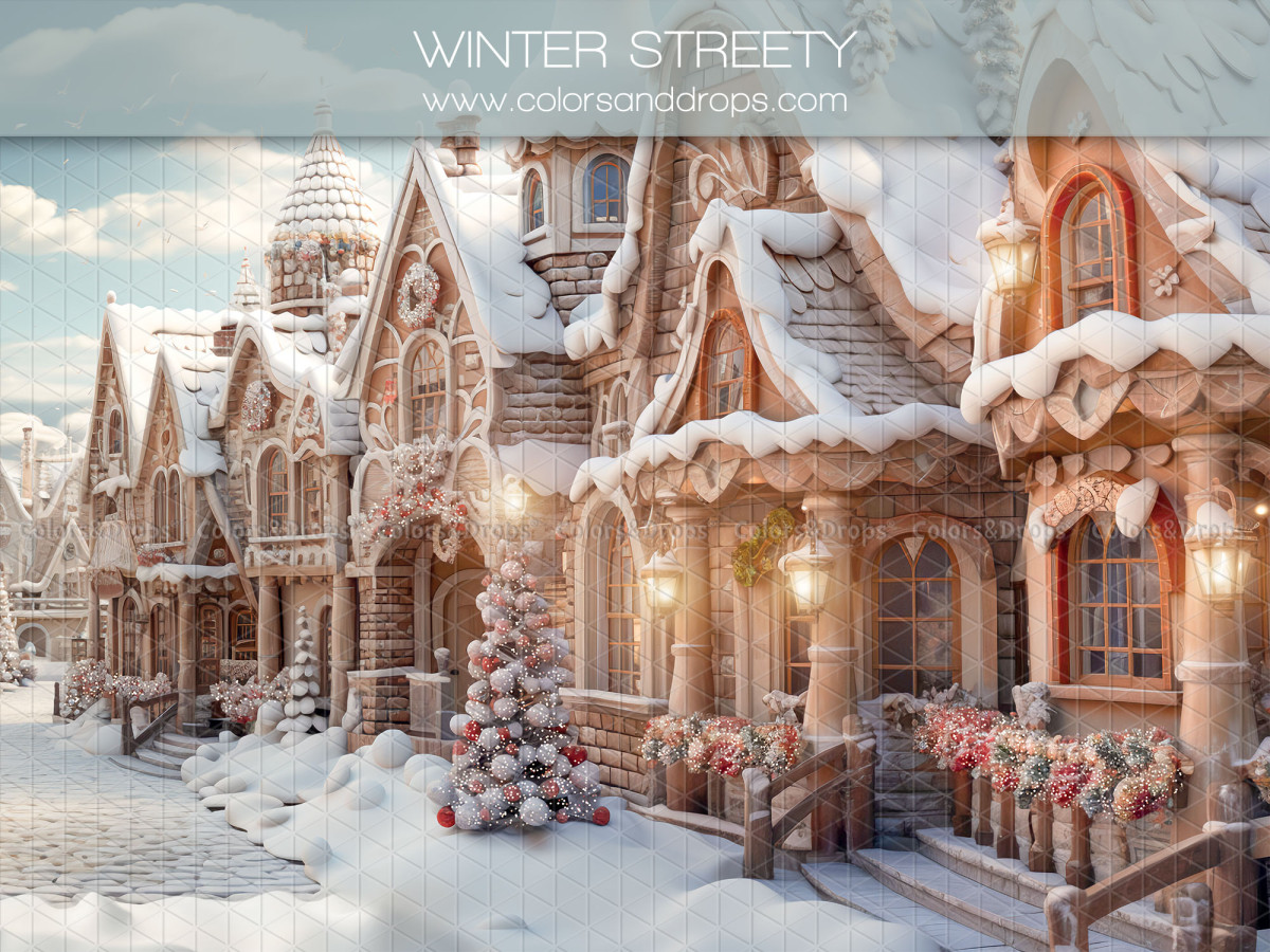 Fondo fotográfico de Navidad Winter Streety – calle de pueblo nevada con casas de jengibre | Colors&Drops