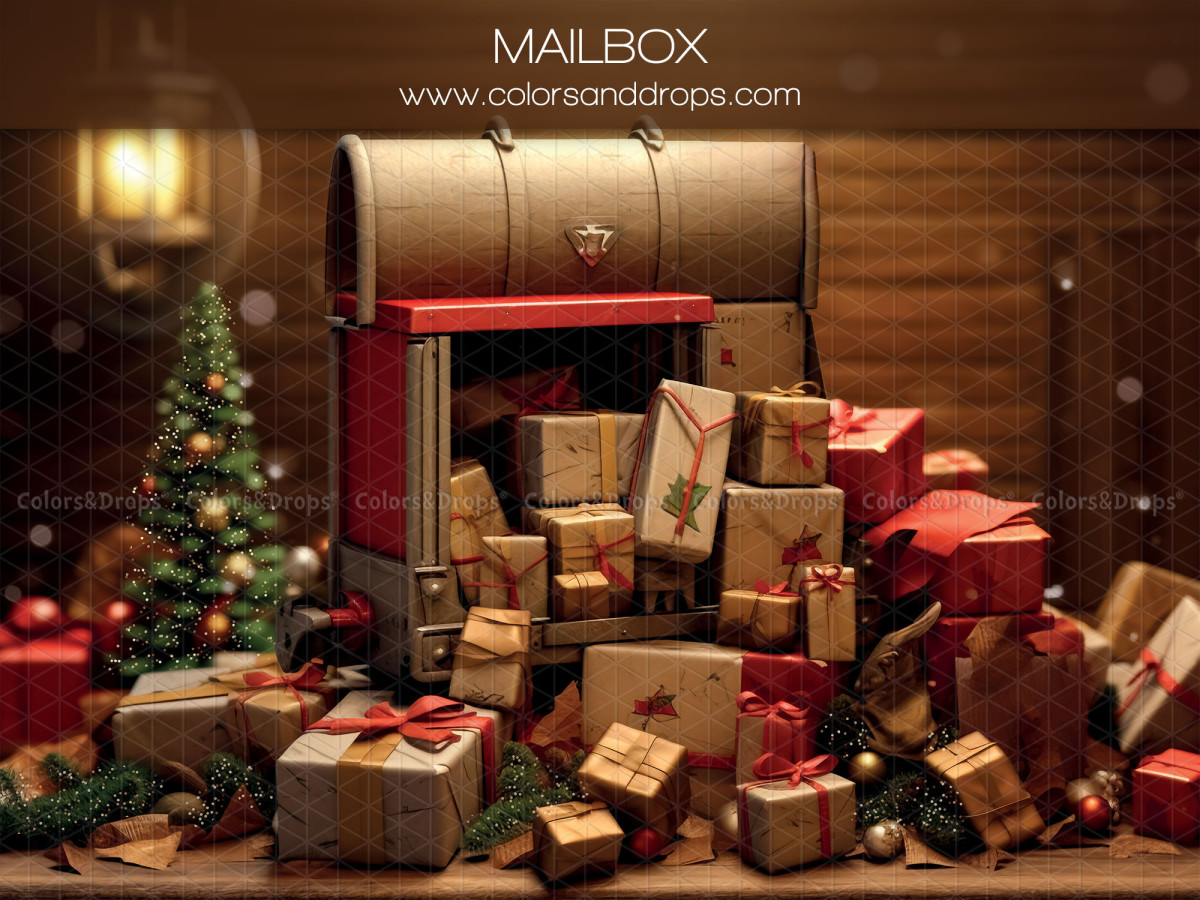 Fond photo de Noël Mailbox – boîte aux lettres du Père Noël débordant de colis | Colors&Drops