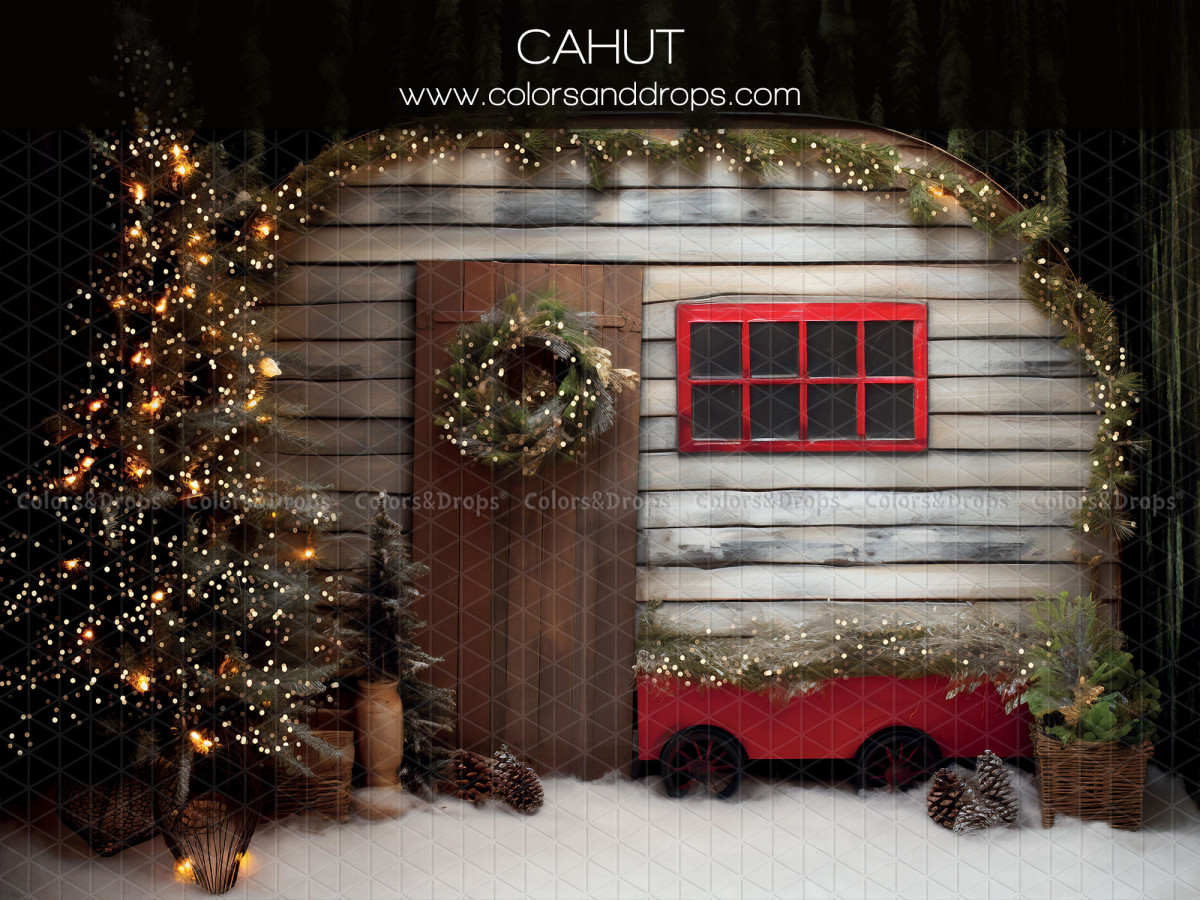 Fondo fotográfico de Navidad Cahut – fachada de chalet de madera con corona y abeto iluminado | Colors&Drops