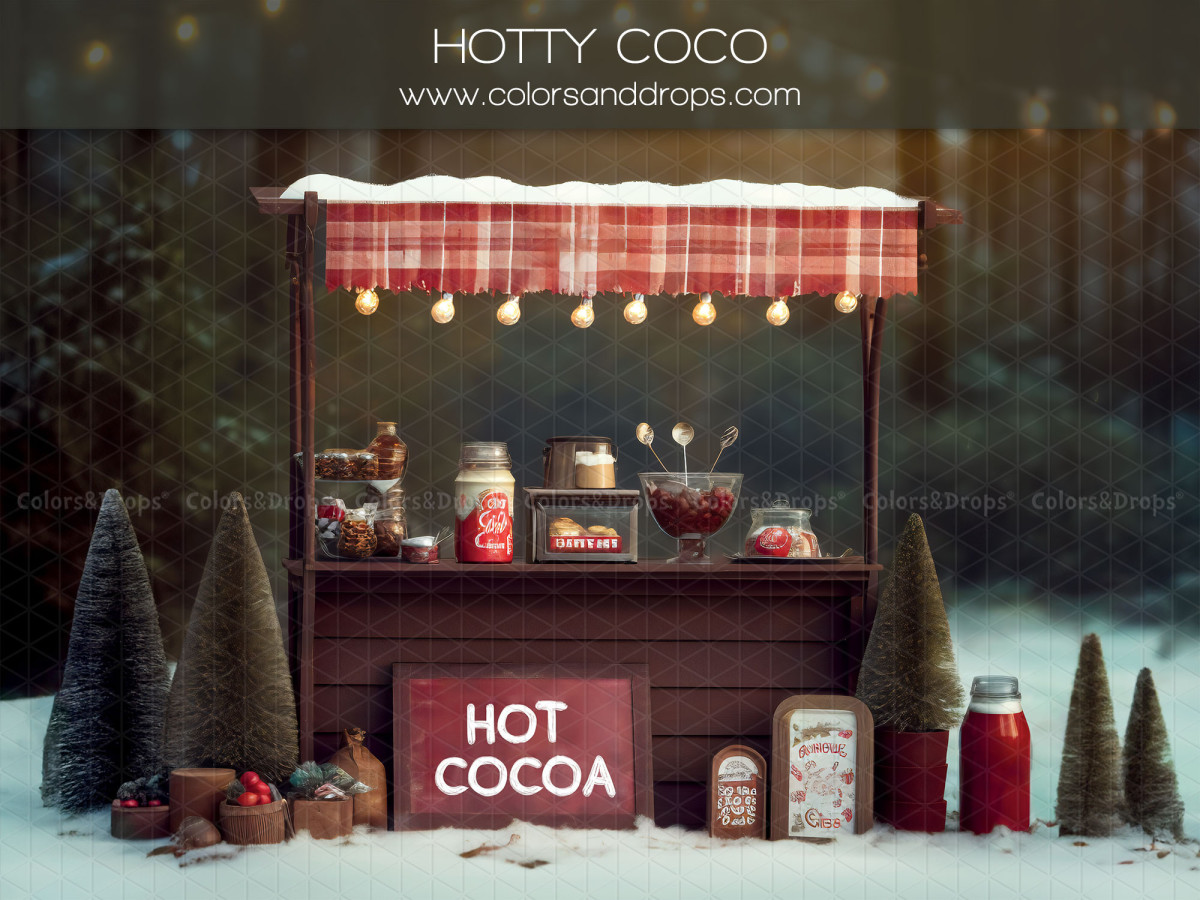 Christmas photo backdrop Hotty Coco – snowy hot cocoa stand with fir trees | Colors&Drops