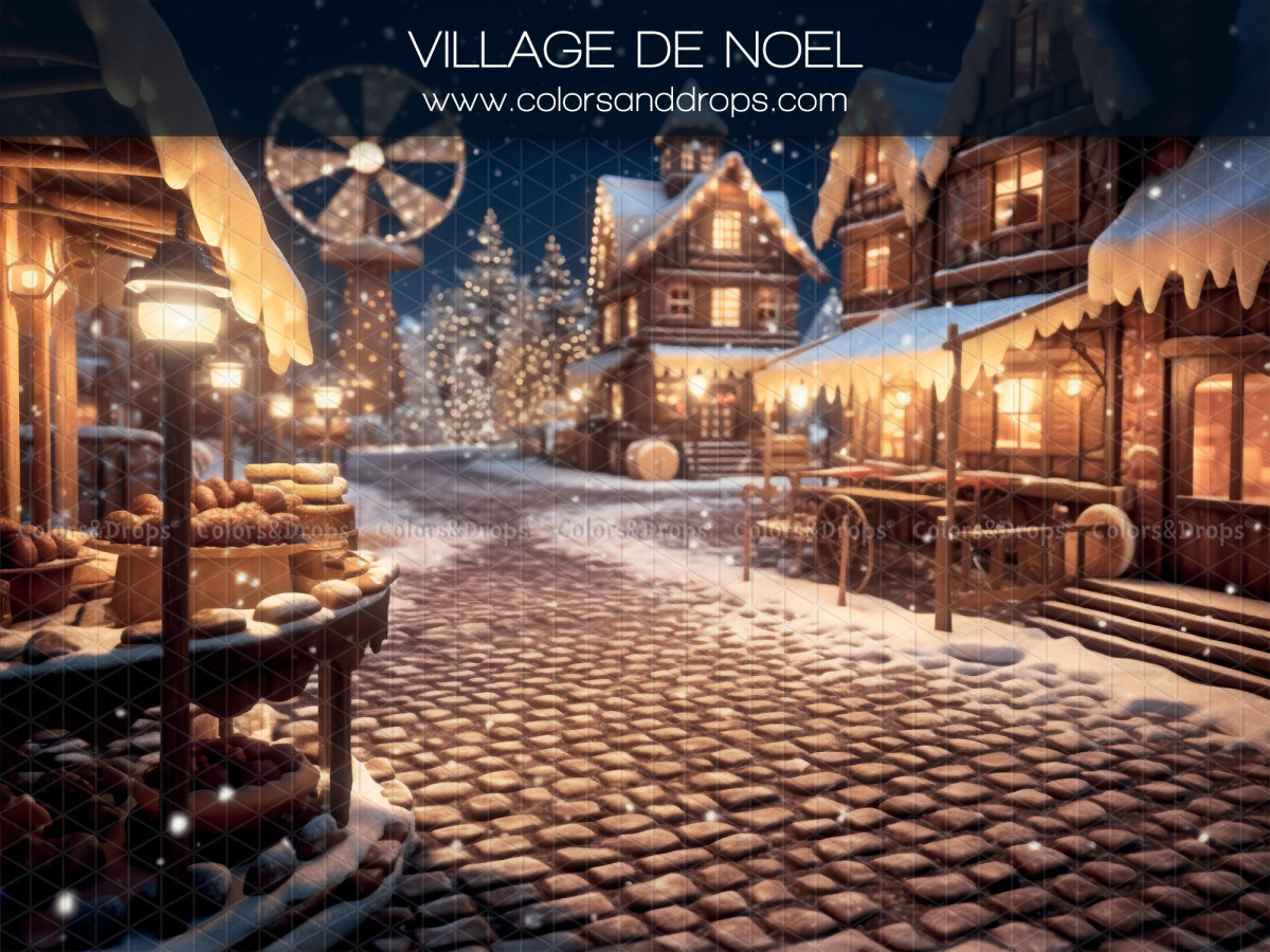 Photo backdrop Village de Noel – snowy Christmas market with chalets and cobbled street | Colors&Drops