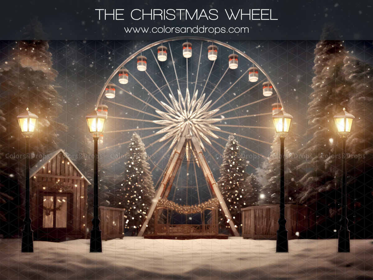 Fond photo The Christmas Wheel – grande roue de Noël enneigée la nuit avec réverbères | Colors&Drops