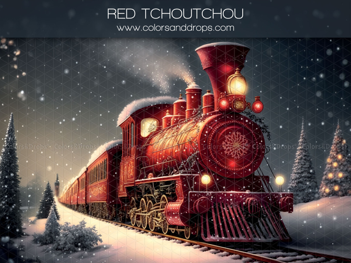 Fondo fotográfico de Navidad Red Tchou Tchou – tren de vapor rojo en la nieve de noche | Colors&Drops