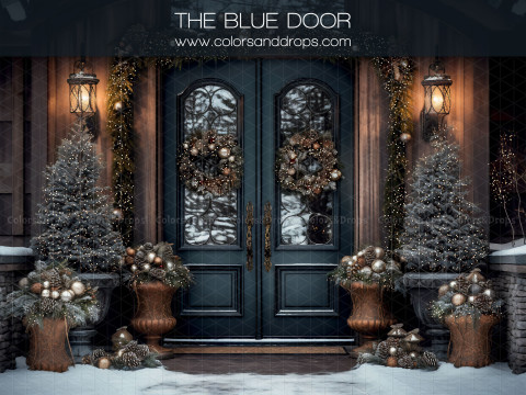 Fondo fotográfico de Navidad The Blue Door – puerta doble azul noche con coronas y abetos nevados | Colors&Drops
