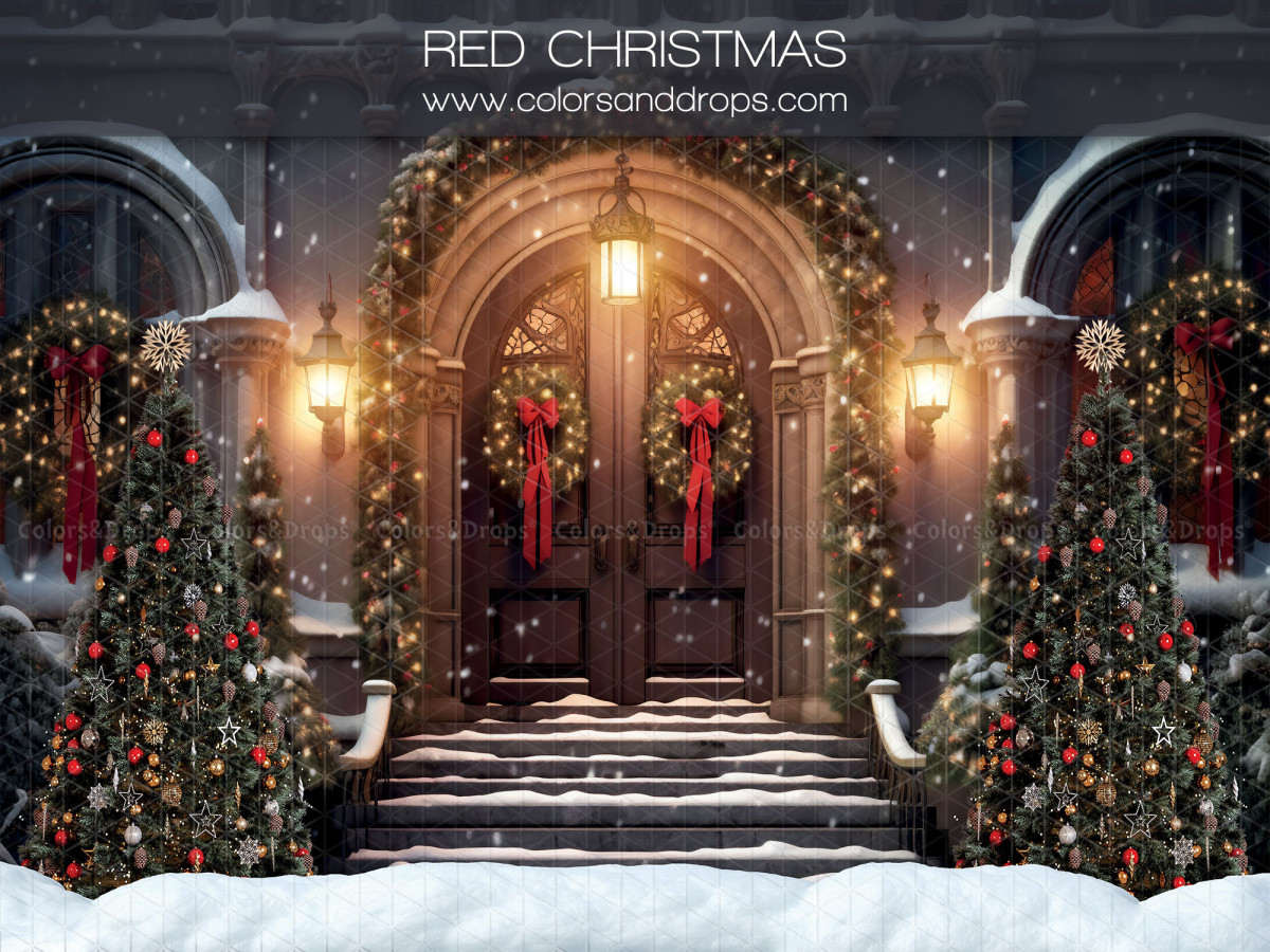 Fondo fotográfico Red Christmas – puerta arqueada navideña con lazos rojos y abetos | Colors&Drops