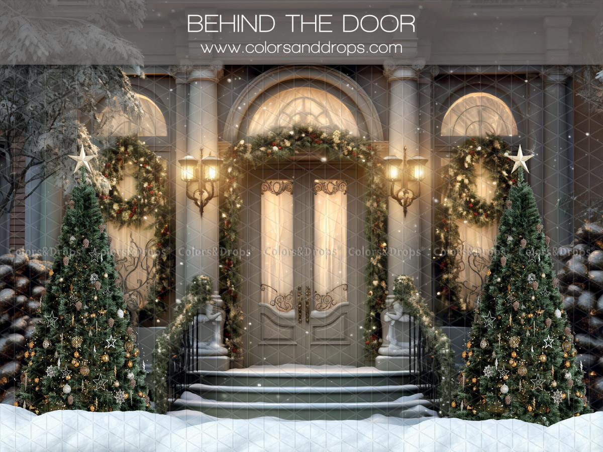 Christmas photo backdrop Behind the Door – glass Christmas door with lit trees and garlands | Colors&Drops