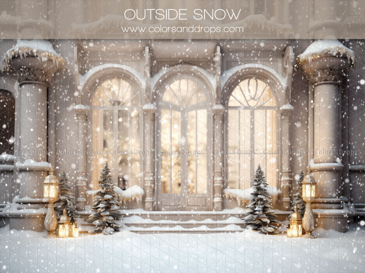 Christmas photo backdrop Outside Snow – snowy white arcaded facade with fir trees | Colors&Drops