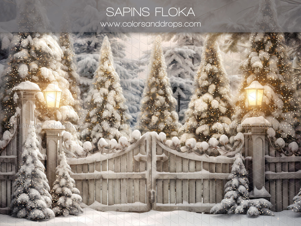 Fond photo de Noël Sapins Floka – portail en bois enneigé entre sapins blancs | Colors&Drops