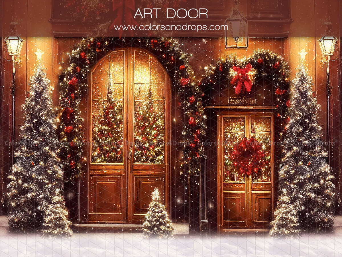 Fondo fotográfico de Navidad Art Door – puertas de madera arqueadas con coronas rojas y abetos | Colors&Drops