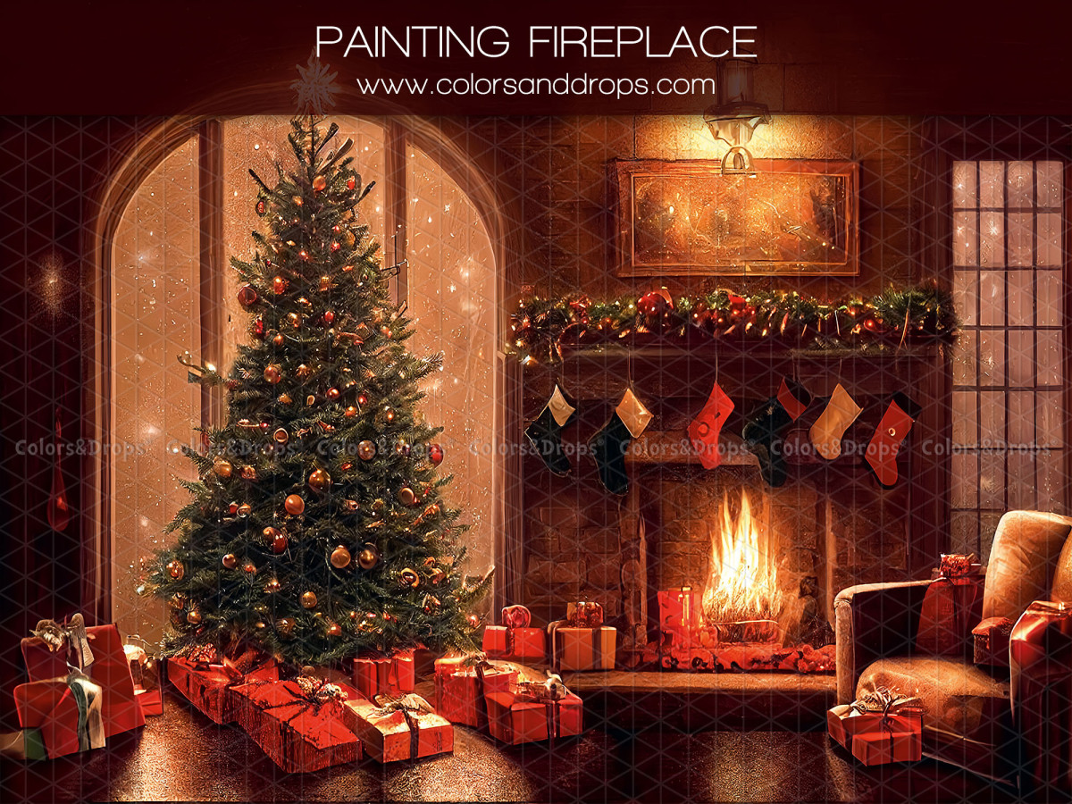 Fondo fotográfico de Navidad Painting Fireplace – salón navideño rojo con chimenea, árbol y calcetines | Colors&Drops