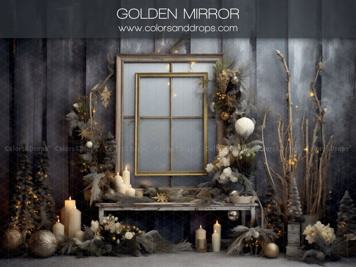 Fondo fotográfico de Navidad Golden Mirror – espejo dorado y banco de madera con velas de invierno | Colors&Drops