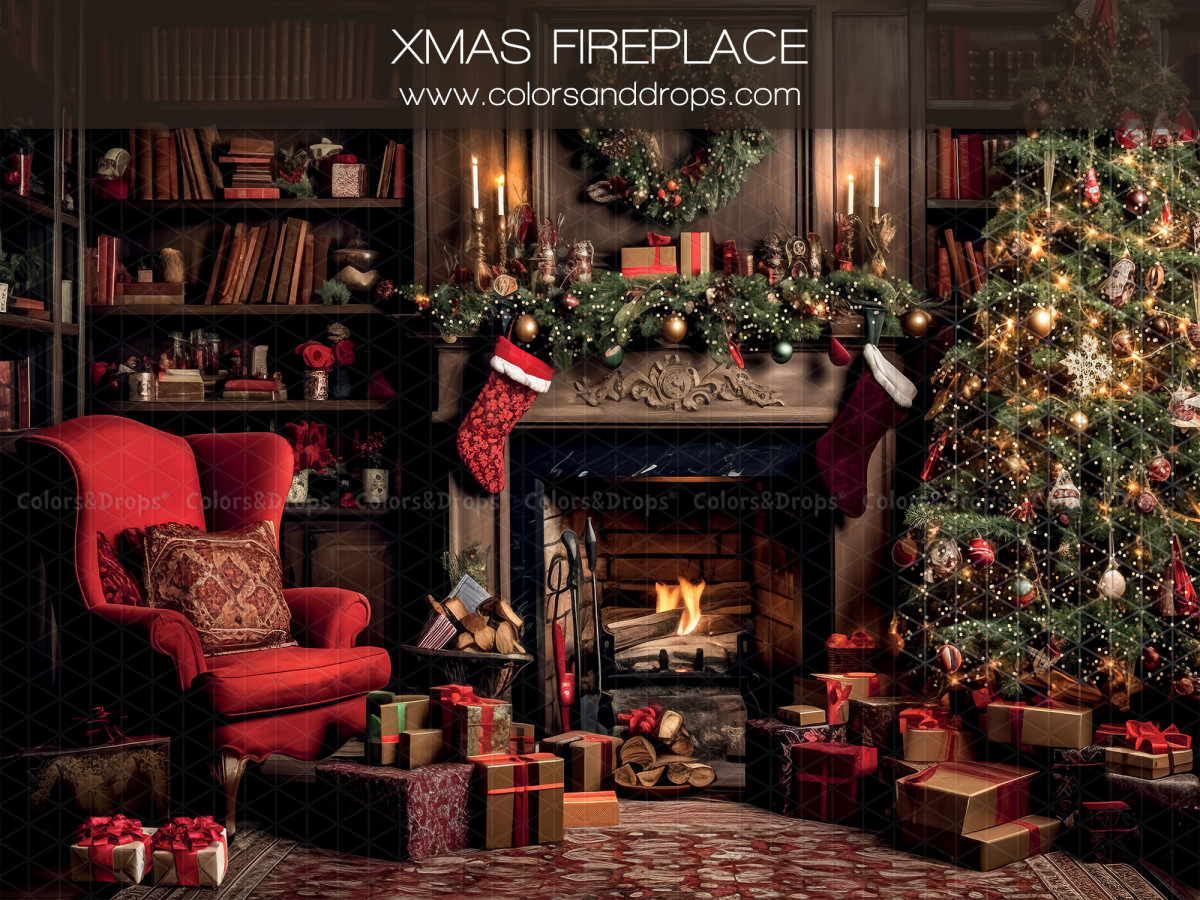 Fondo fotográfico Xmas Fireplace – salón navideño con chimenea, sillón rojo y regalos | Colors&Drops