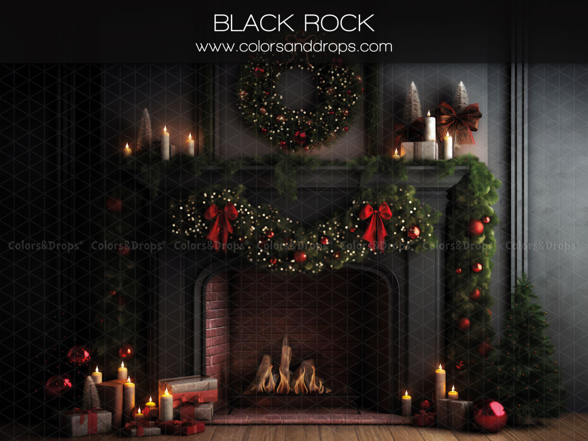 Fondo fotográfico de Navidad Black Rock – chimenea de ladrillo oscura con corona y velas | Colors&Drops
