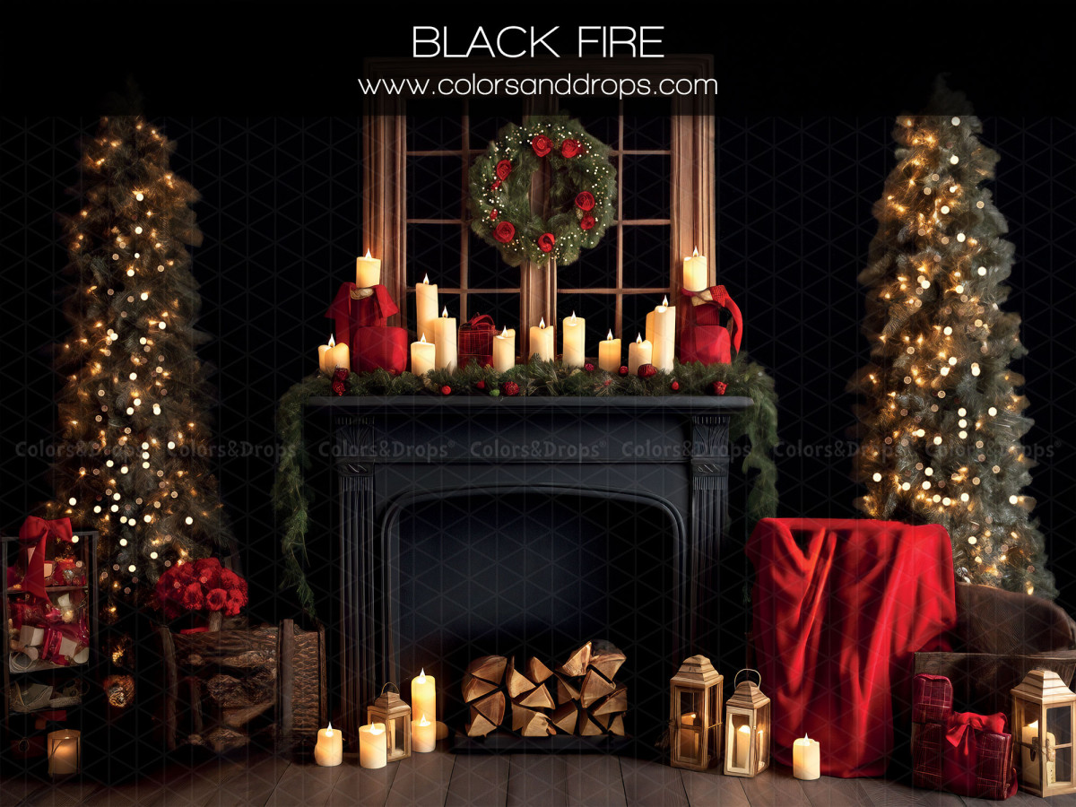Fondo fotográfico de Navidad Black Fire – chimenea negra con abetos iluminados, velas y troncos | Colors&Drops