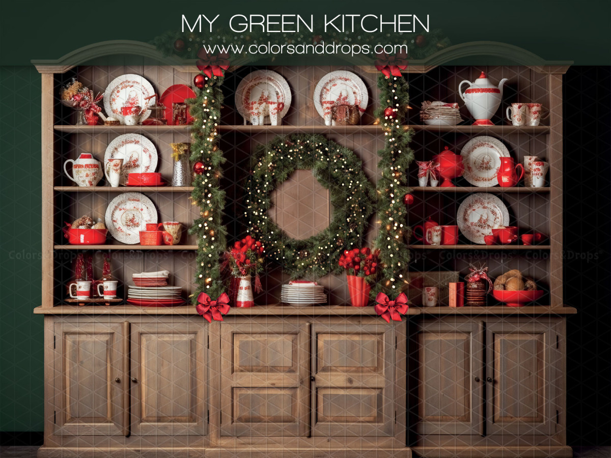 Christmas photo backdrop My Green Kitchen – wooden Christmas hutch with wreath and red crockery | Colors&Drops