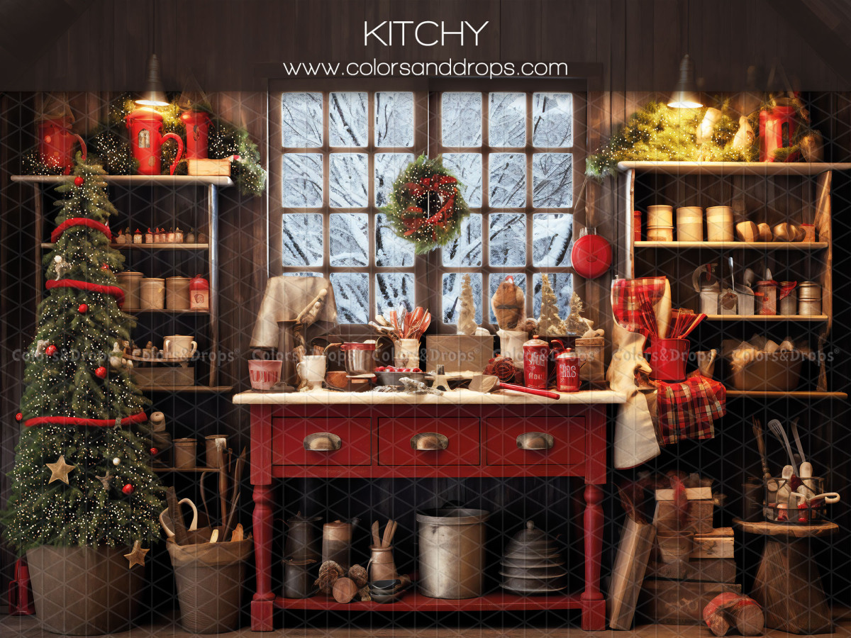 Fondo fotográfico de Navidad Kitchy – cocina navideña con isla roja, ventana y abeto | Colors&Drops