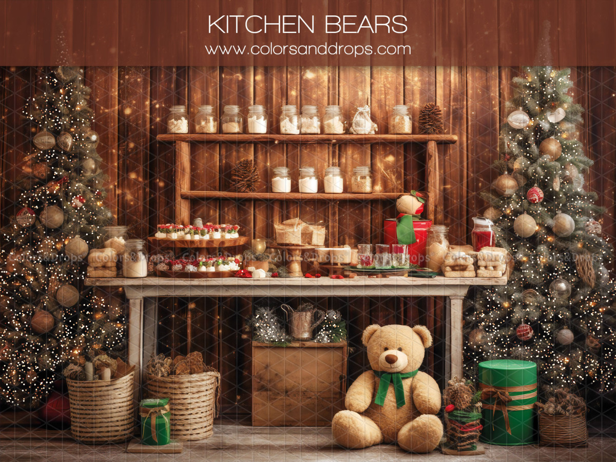Fondo fotográfico de Navidad Kitchen Bears – cocina navideña de madera con oso de peluche y abetos | Colors&Drops