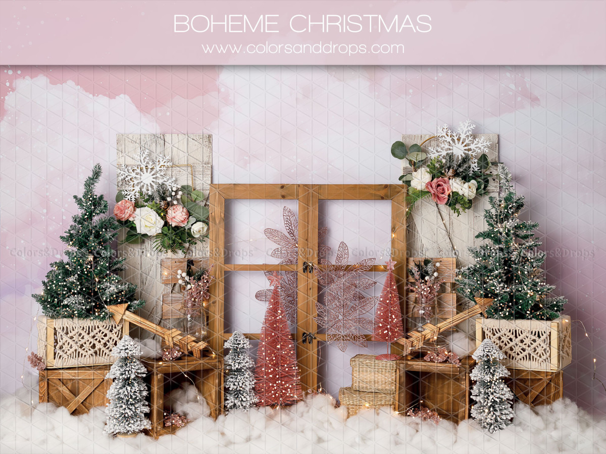 Fond photo bébé et smash cake Boheme Christmas – décor de Noël bohème avec fenêtre en bois et sapins | Colors&Drops
