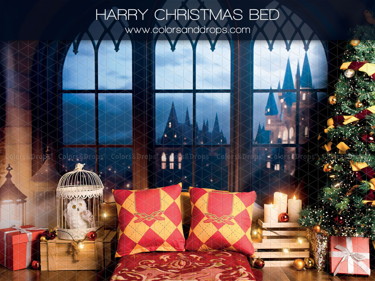 Photo backdrop Harry Christmas Bed – Christmas castle bedroom with red bed and owl cage | Colors&Drops