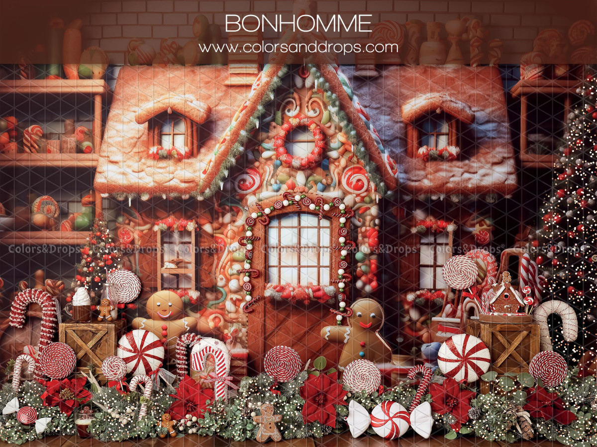 Fondo fotográfico de Navidad Bonhomme – casa de jengibre con bastones de caramelo y hombrecito de jengibre | Colors&Drops