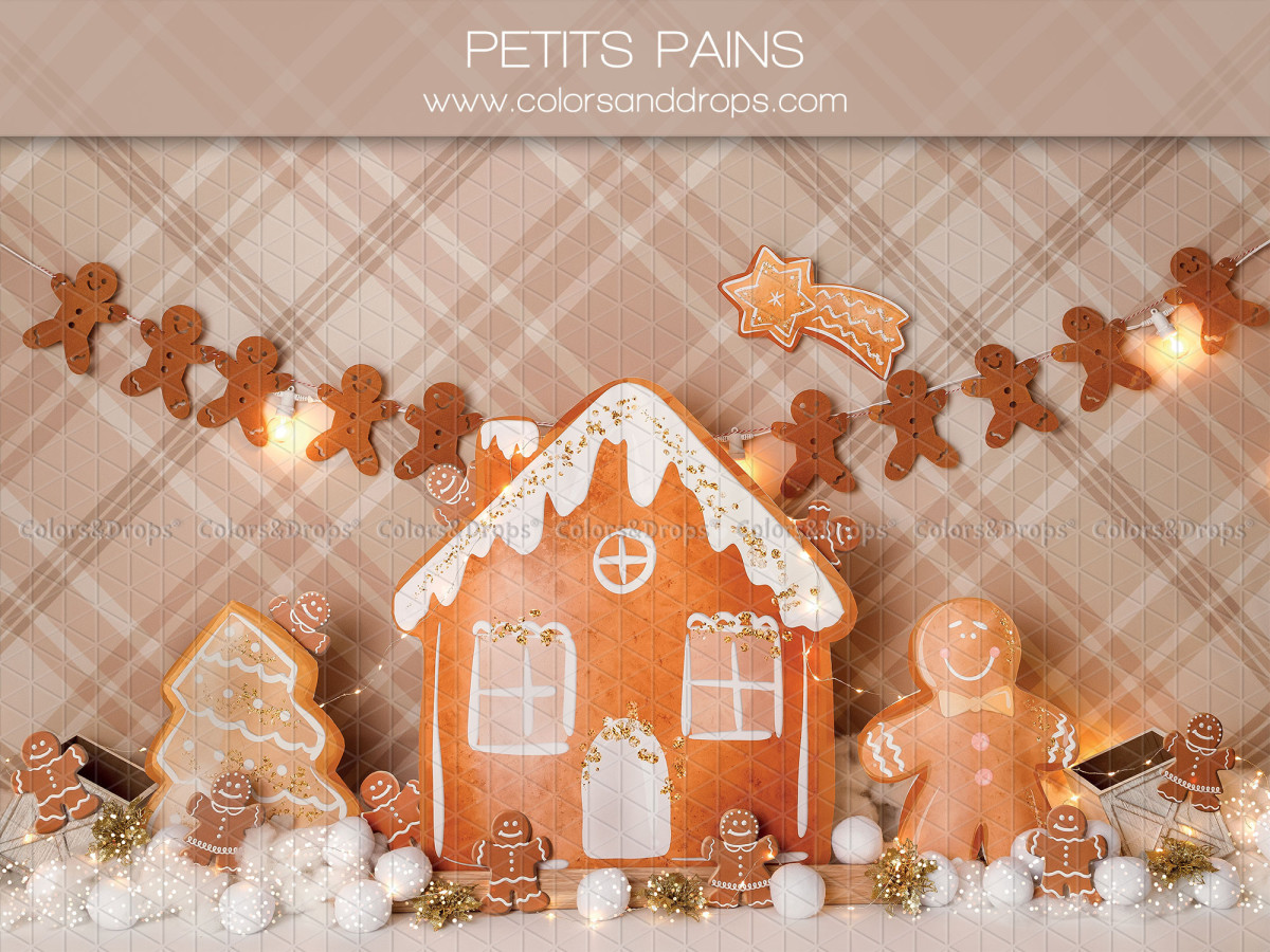 Fondo fotográfico de bebé y smash cake Petits Pains – casa y hombrecitos de jengibre sobre tartán beige | Colors&Drops