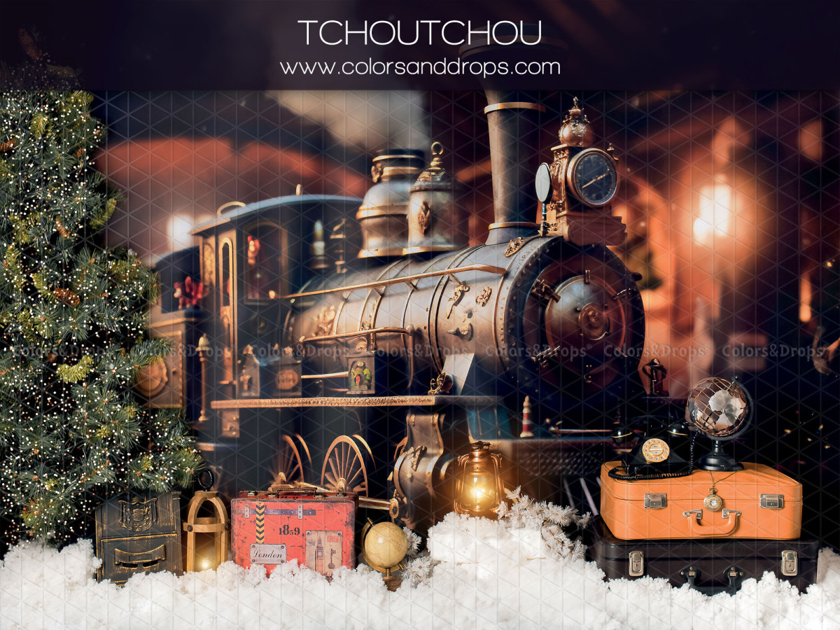 Fond photo de Noël Tchou Tchou – locomotive à vapeur de Noël avec valises et neige | Colors&Drops