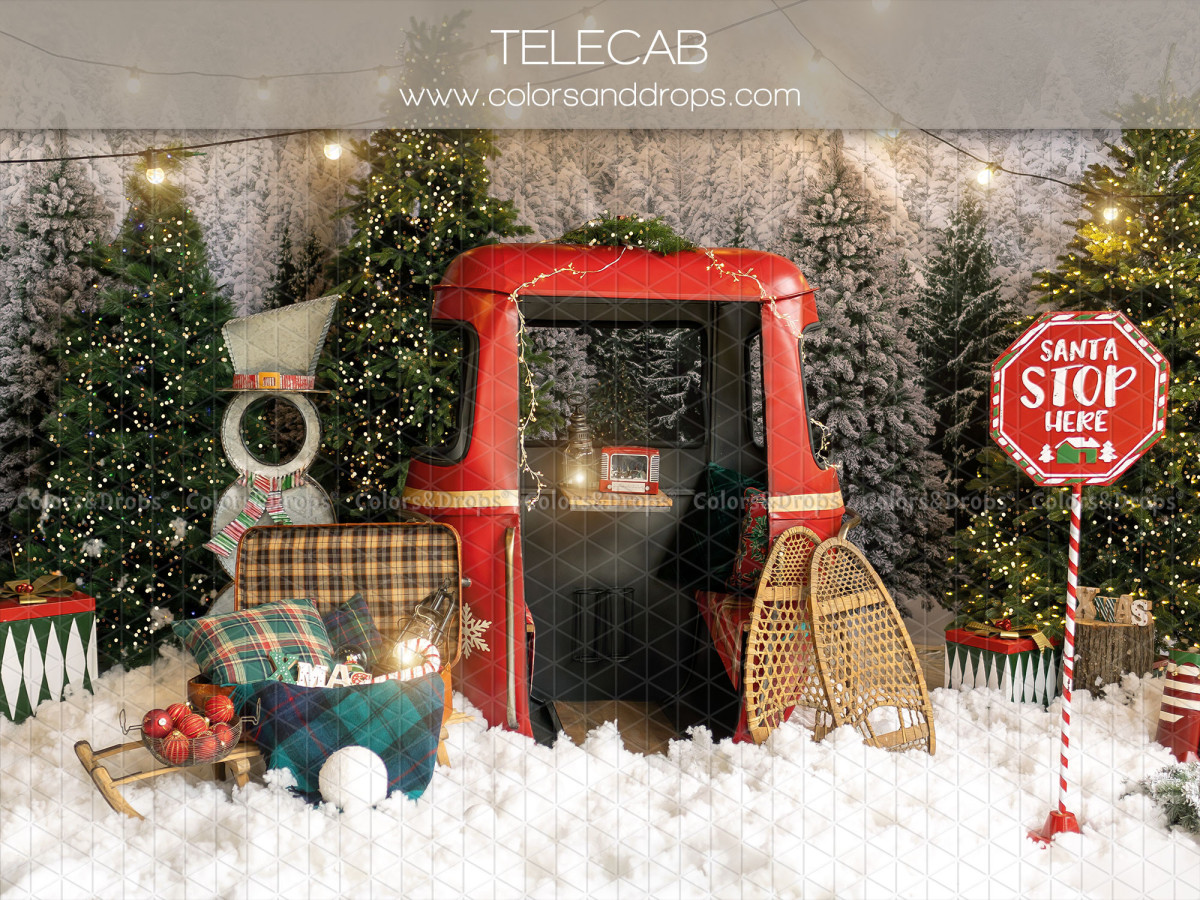 Baby & cake smash photo backdrop Telecab – snowy red cable car with snowshoes and fir trees | Colors&Drops