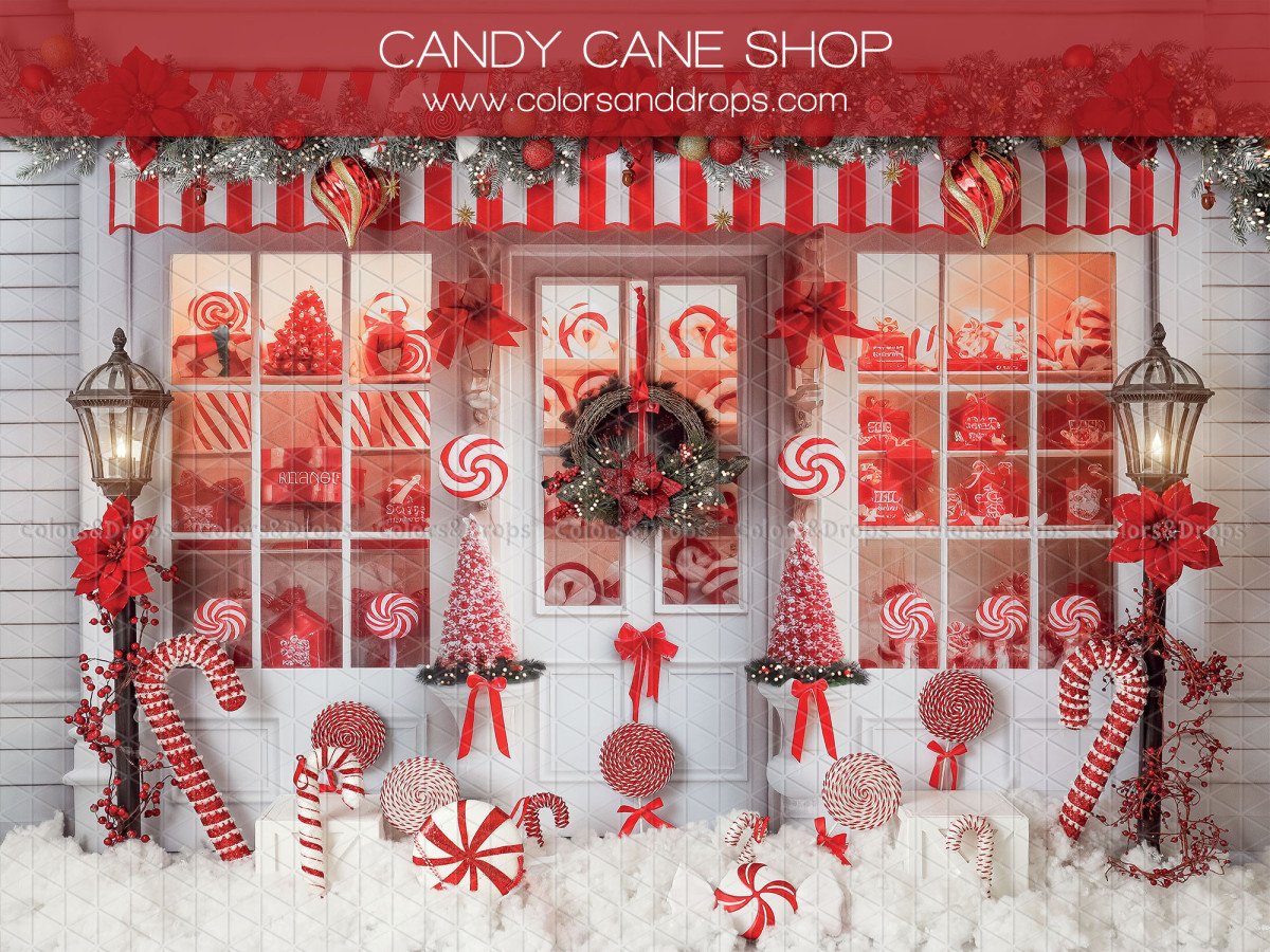 Christmas photo backdrop Candy Cane Shop – red and white candy cane shop | Colors&Drops