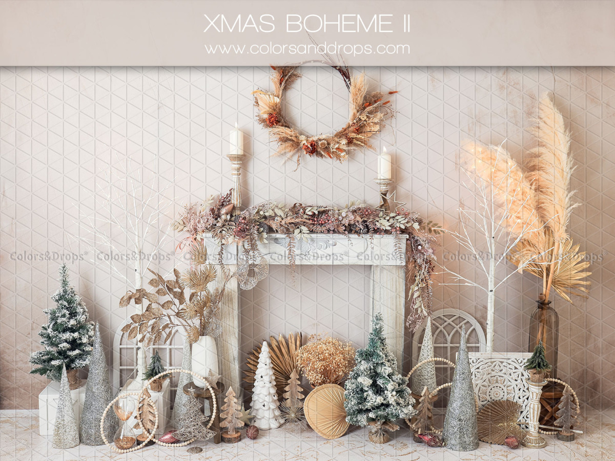 Christmas photo backdrop Xsmas Boheme II – white boho Christmas fireplace with pampas grass and trees | Colors&Drops