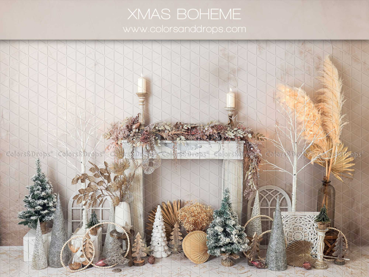 Photo backdrop Xmasboheme – white boho Christmas fireplace with pampas grass and lanterns | Colors&Drops
