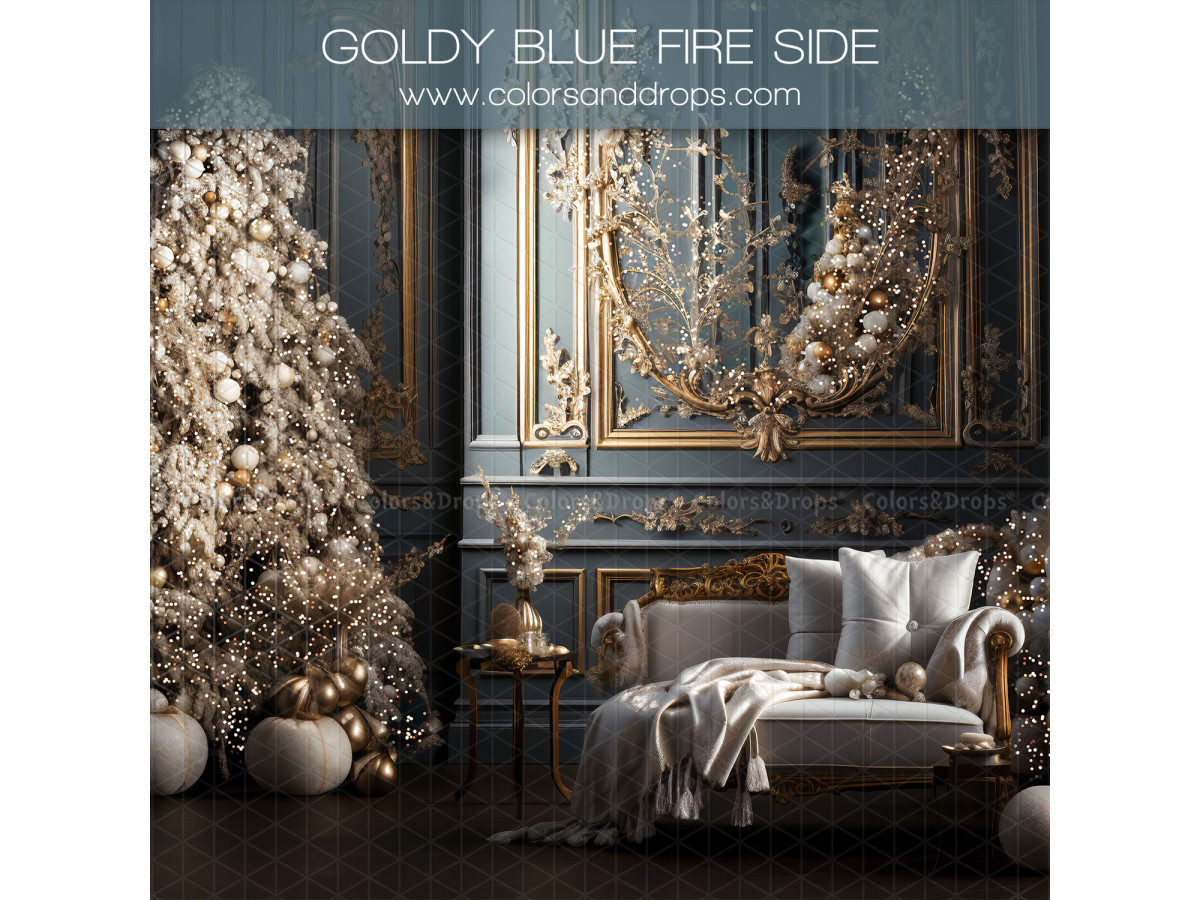 Fond photo latéral de Noël Goldy Blue Fire Side – salon de Noël bleu avec fauteuil blanc et sapin doré | Colors&Drops