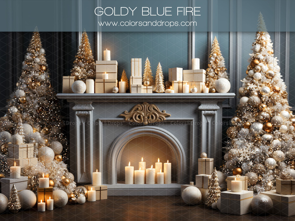 Fondo fotográfico de Navidad Goldy Blue Fire – chimenea azul con abetos dorados, regalos y velas | Colors&Drops