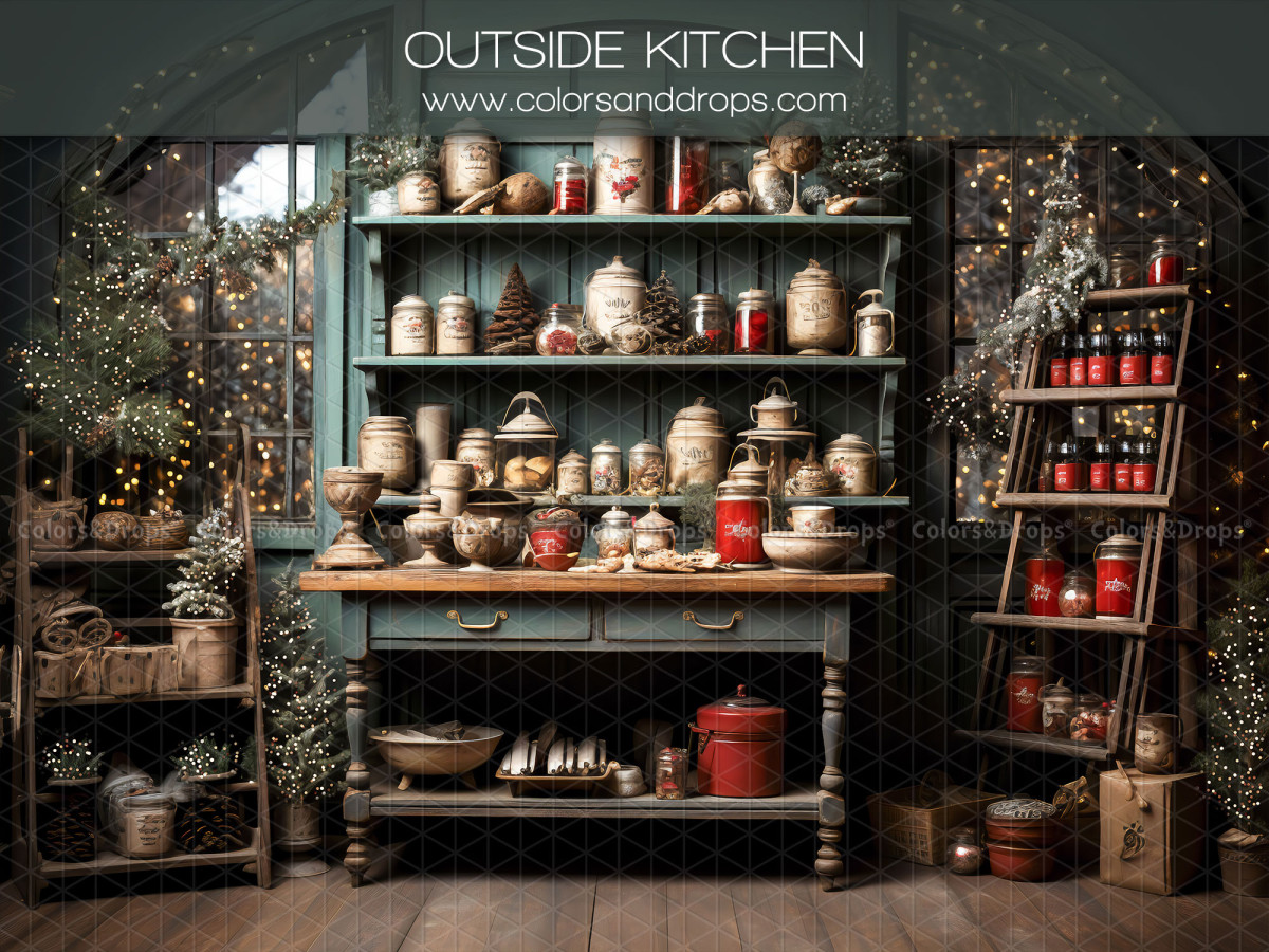 Fond photo de Noël Outside Kitchen – cuisine de Noël avec buffet vert, bocaux et casseroles | Colors&Drops