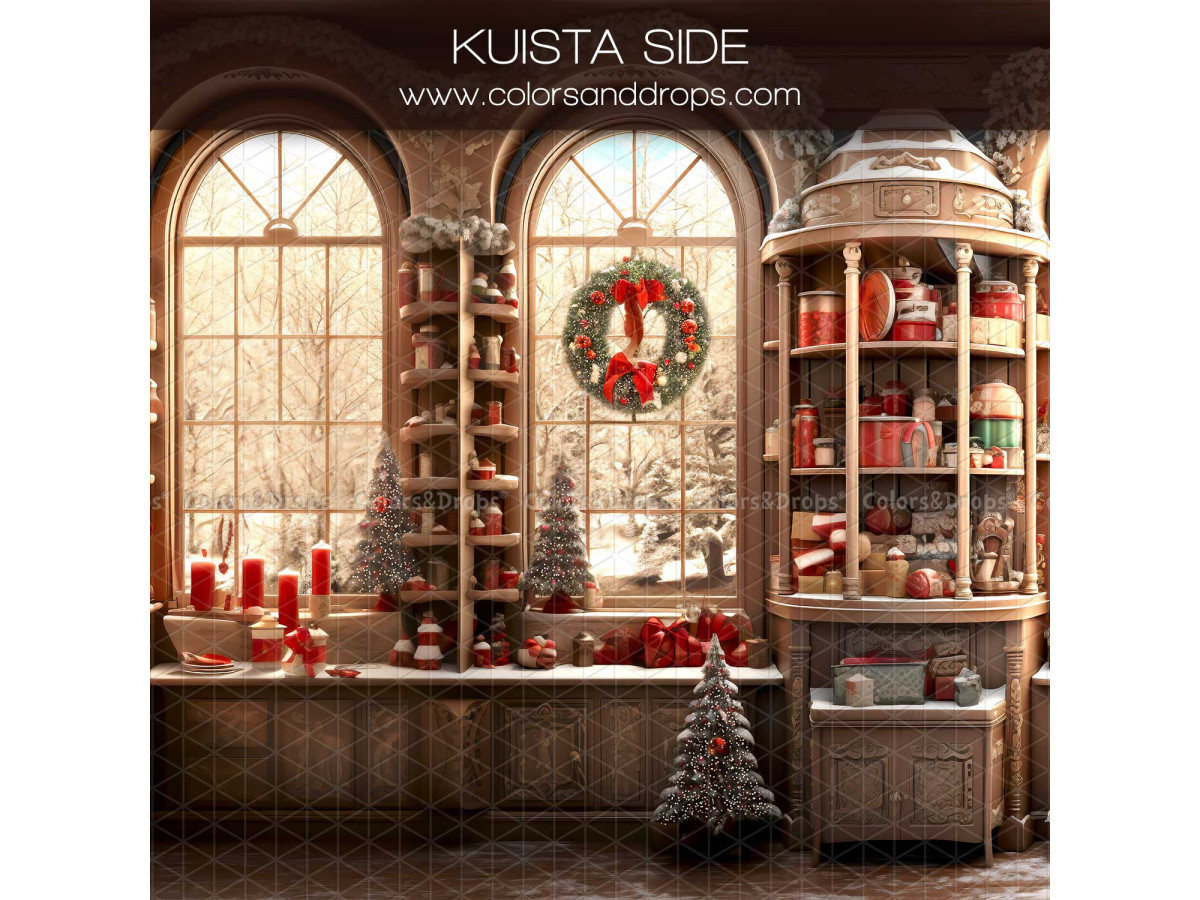 Christmas side photo backdrop Kuista Side – Christmas kitchen with arched windows and wreath | Colors&Drops