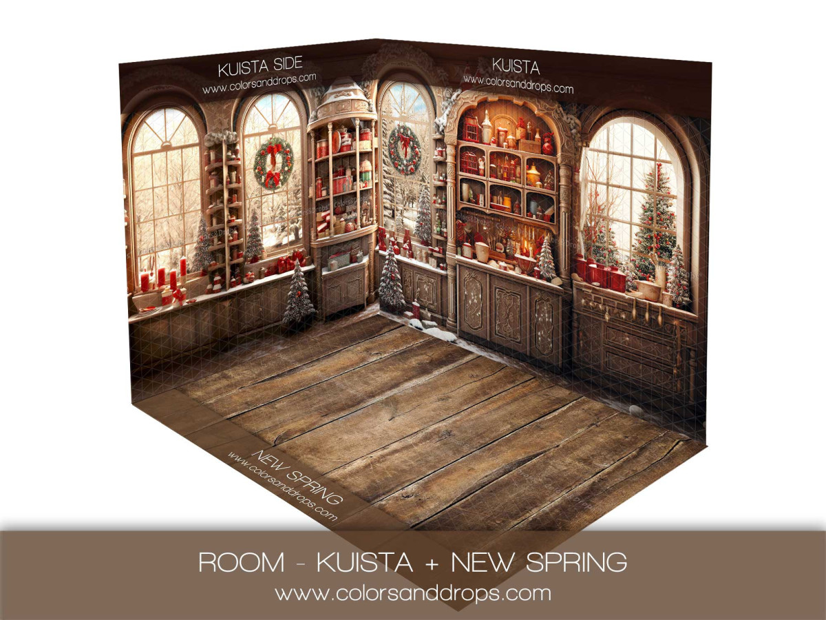 Fond photo d'angle de Noël Kuista – cuisine de Noël en bois avec sol parquet | Colors&Drops