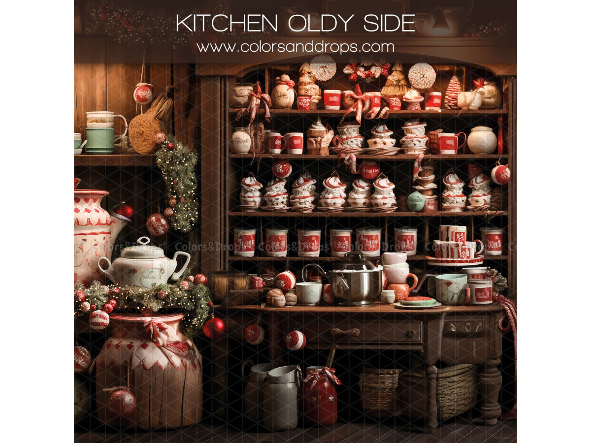Fond photo latéral de Noël Kitchen Oldy Side – cuisine de Noël avec étagères de pots rouges et théière | Colors&Drops