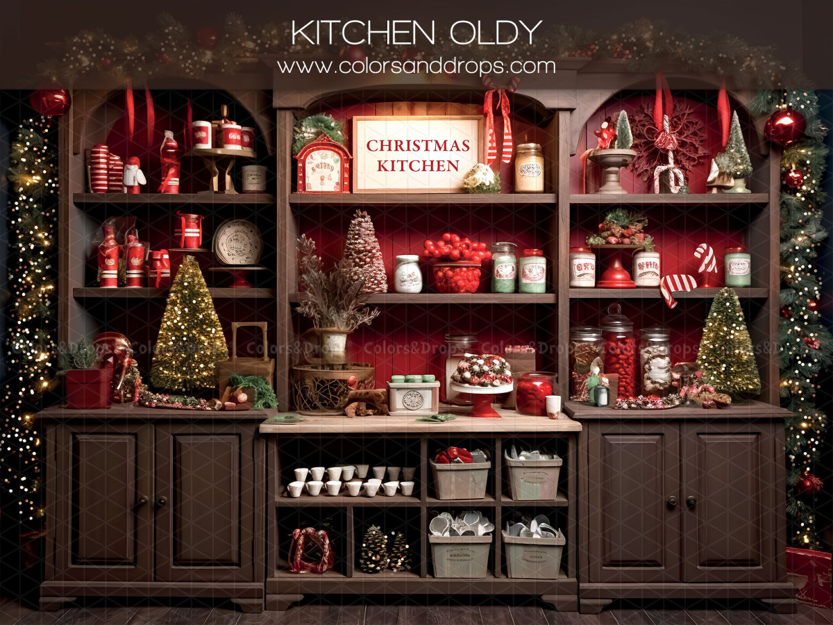 Christmas photo backdrop Kitchen Oldy – old Christmas kitchen with red hutch and fir trees | Colors&Drops