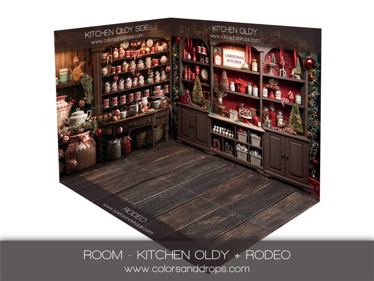 Fond photo d'angle de Noël Kitchen Oldy + Rodeo – cuisine de Noël ancienne avec sol bois | Colors&Drops